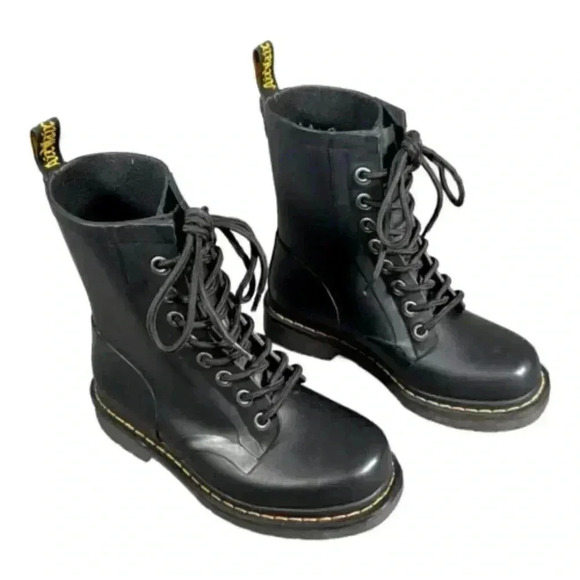 Doc Martens Drench Rubber Rain Boot Black Women's 5 Mid-Calf Lace Up 8 Eye 36 - Picture 2 of 8